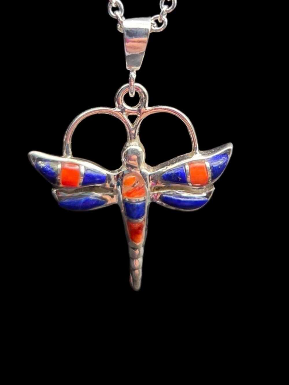 Sterling Silver Dragonfly Pendant Necklace with Blue and Orange Inlay